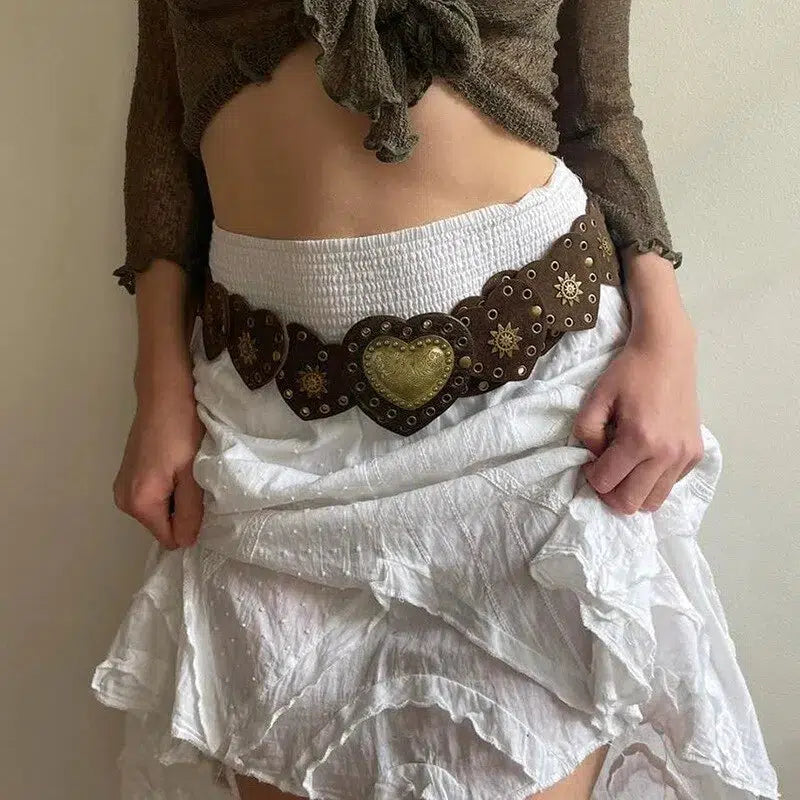 Vintage Ethnic Heart Suede Waist Belt for Y2K and 90s Fashion Outfits