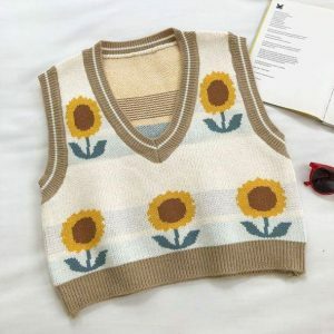 Vintage Floral Sleeveless Sweater - Y2K Aesthetic Summer Top