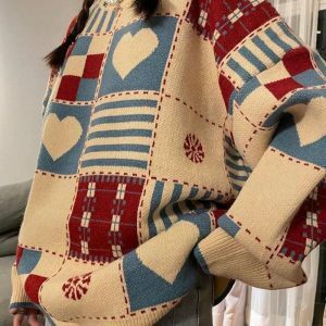 Vintage Heart Pattern Sweater - Y2K Aesthetic Knitwear for Cute Outfits