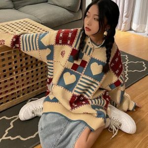 Vintage Heart Pattern Sweater - Y2K Aesthetic Knitwear for Cute Outfits