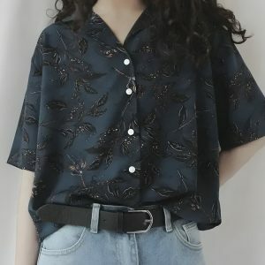 Vintage Leaf Print Y2K Aesthetic Shirt for Effortless Summer Style