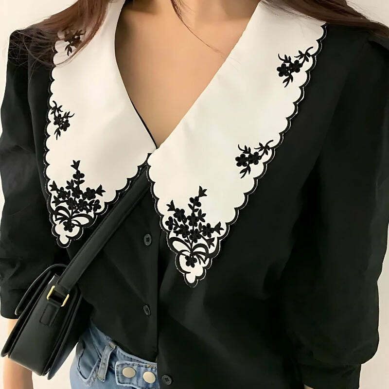 Vintage Y2K Embroidered Collar Shirt - Retro 90s Aesthetic Top