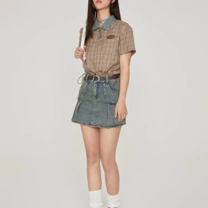 Vintage Y2K Plaid Crop Shirt - Trendy 90s Grunge Aesthetic Top