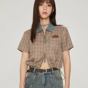 Vintage Y2K Plaid Crop Shirt - Trendy 90s Grunge Aesthetic Top