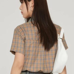 Vintage Y2K Plaid Crop Shirt - Trendy 90s Grunge Aesthetic Top