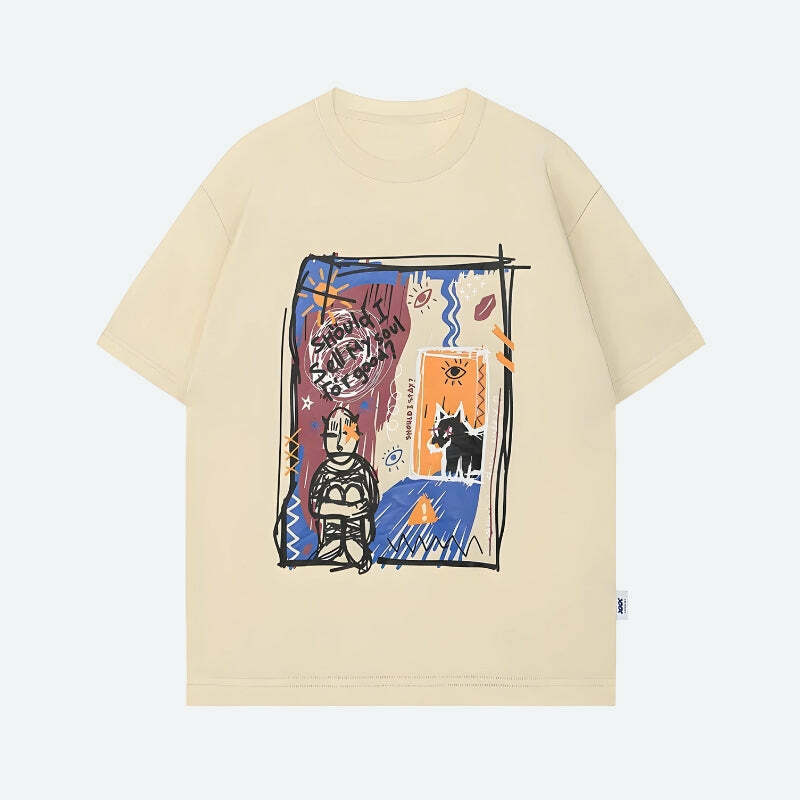 Y2K Aesthetic Abstract Sketch Graphic Tee for Trendy Summer Outfits