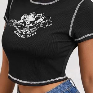 Y2K Aesthetic Angel Baby Tee - Trendy Grunge Style for Summer Outfits