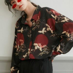 Y2K Aesthetic Bird Pattern Long Sleeve Shirt for Trendy Summer Outfits