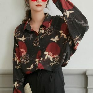 Y2K Aesthetic Bird Pattern Long Sleeve Shirt for Trendy Summer Outfits