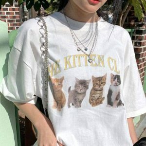 Y2K Aesthetic Cat Club T-Shirt: Trendy Grunge Style for Summer Vibes