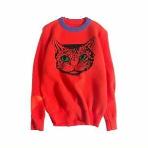 Y2K Aesthetic Cat Sweater: Cozy Grunge Style for Trendy Outfits