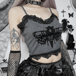 Y2K Aesthetic Death Moth Crop Top for Grunge and Summer Outfits