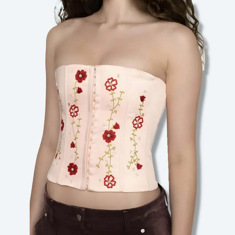 Y2K Aesthetic Embroidered Beaded Corset Top for Trendy Summer Outfits