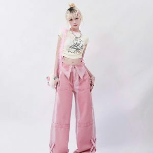 Y2K Aesthetic Folded Waist Baggy Jeans for Effortless Summer Style