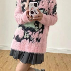 Y2K Aesthetic Fuzzy Sweater for Cozy 90s-Inspired Summer Outfits