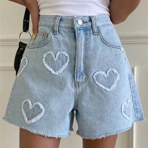 Y2K Aesthetic Heart Patch Denim Shorts for Trendy Summer Outfits