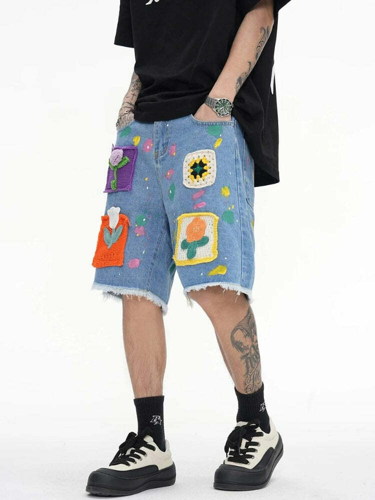 Y2K Aesthetic Knitted Flower Patch Denim Shorts for Trendy Summer Vibes