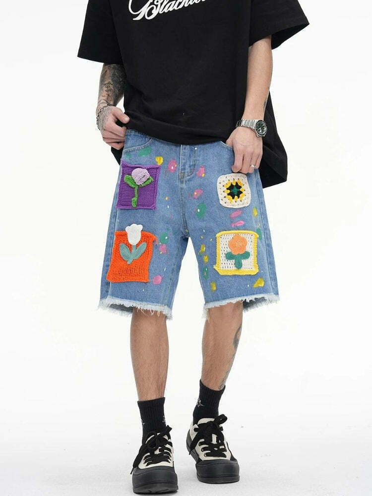 Y2K Aesthetic Knitted Flower Patch Denim Shorts for Trendy Summer Vibes