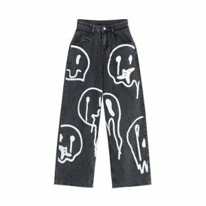 Y2K Aesthetic Melting Smiley Print Baggy Jeans for Trendy Outfits