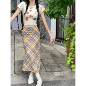 Y2K Aesthetic Midi Plaid Rainbow Skirt for Trendy Summer Outfits