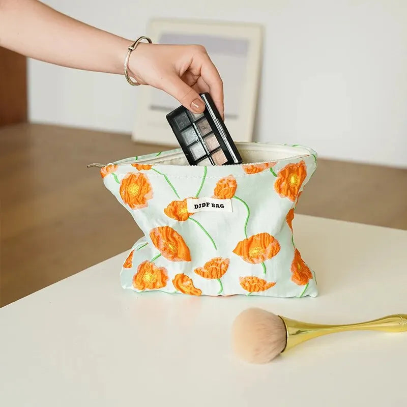 Y2K Aesthetic Orange Flowers Makeup Bag for Summer Outfits & Travel