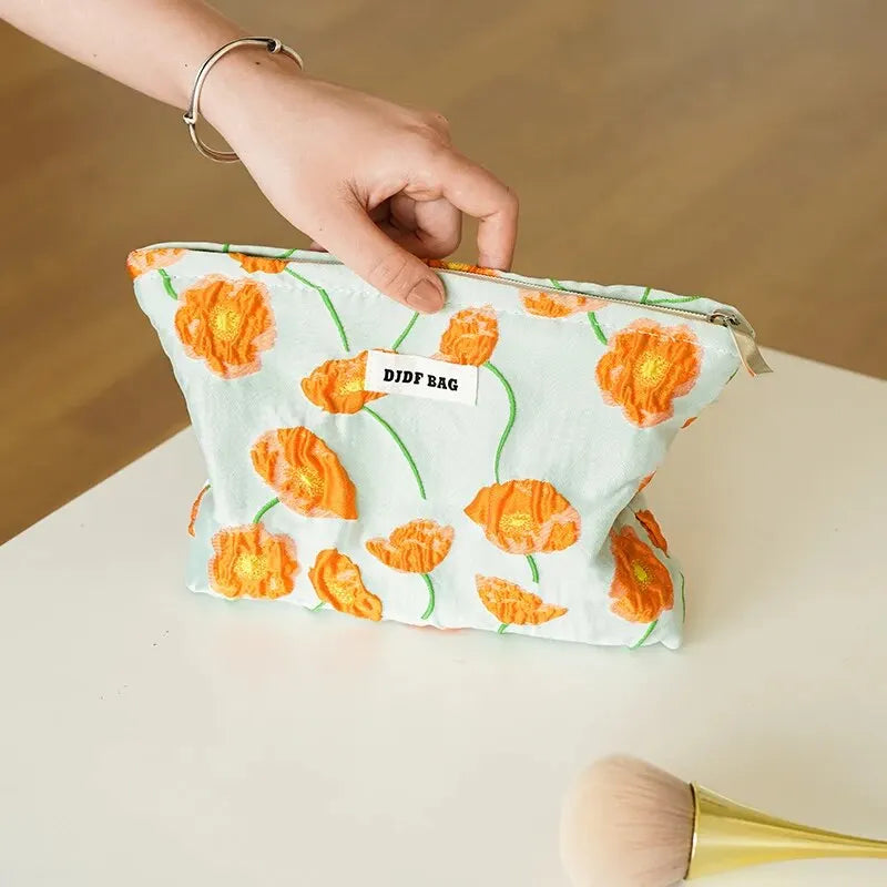 Y2K Aesthetic Orange Flowers Makeup Bag for Summer Outfits & Travel