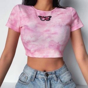 Y2K Aesthetic Pink Butterfly Crop Top for Summer Outfits and Cute Looks