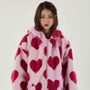 Y2K Aesthetic Pink Heart Pattern Hooded Jacket for Trendy Summer Outfits