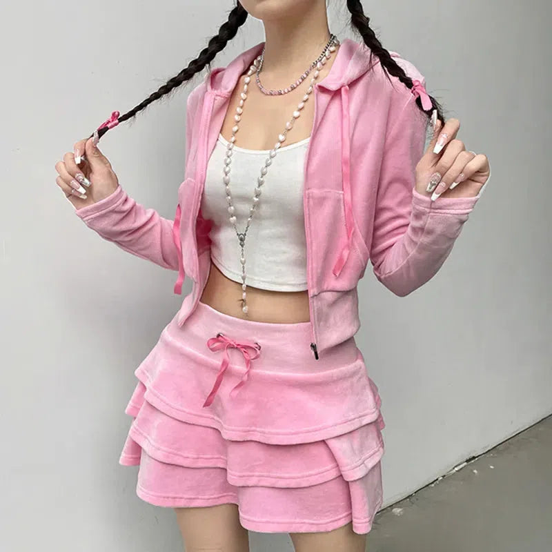 Y2K Aesthetic Pink Skirt & Hoodie Set for Trendy Summer Outfits