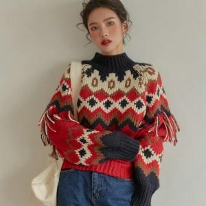 Y2K Aesthetic Retro Pattern Knitted Christmas Sweater for Festive Style