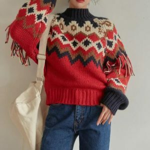 Y2K Aesthetic Retro Pattern Knitted Christmas Sweater for Festive Style