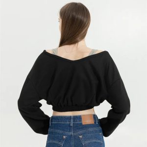 Y2K Aesthetic Strap Detailed Wide Neck Crop Sweatshirt for Trendy Looks