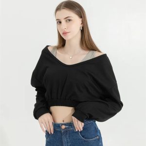 Y2K Aesthetic Strap Detailed Wide Neck Crop Sweatshirt for Trendy Looks