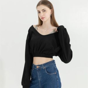 Y2K Aesthetic Strap Detailed Wide Neck Crop Sweatshirt for Trendy Looks