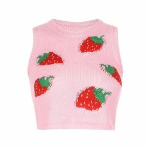 Y2K Aesthetic Strawberry Sleeveless Sweater for Trendy Summer Outfits