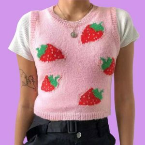 Y2K Aesthetic Strawberry Sleeveless Sweater for Trendy Summer Outfits