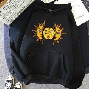 Y2K Aesthetic Sun Moon Face Hoodie - Trendy Grunge Style for Summer