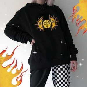 Y2K Aesthetic Sun Moon Face Hoodie - Trendy Grunge Style for Summer