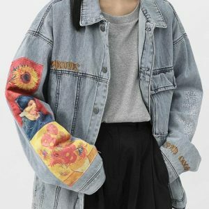 Y2K Aesthetic Vincent Van Gogh Denim Jacket for Trendy Summer Outfits