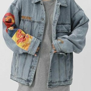 Y2K Aesthetic Vincent Van Gogh Denim Jacket for Trendy Summer Outfits