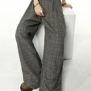 Y2K Aesthetic Wide Leg Plaid Pants for Grunge and Vintage Style