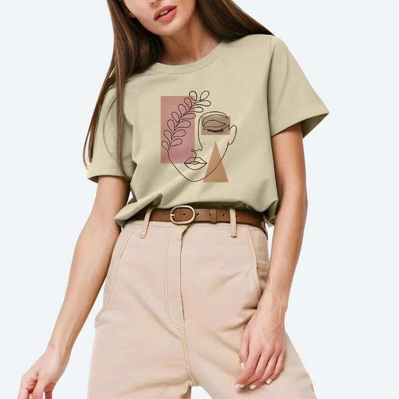 Y2K Aesthetic Woman Face Minimal Tee - Trendy Summer Outfit Essential