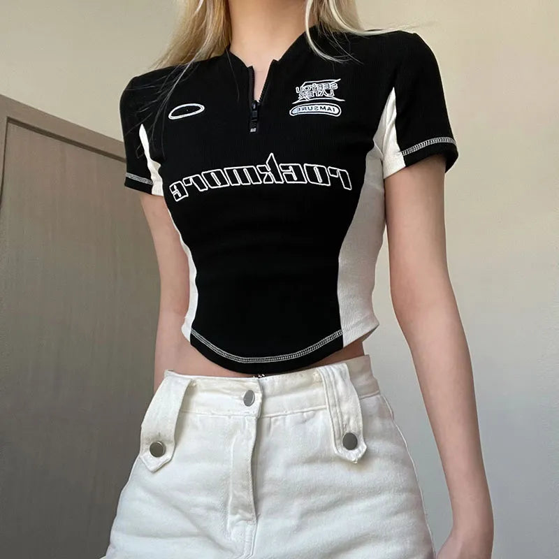 Y2K Biker Half Zip-Up Crop Top: Trendy Grunge Aesthetic for Summer Outfits