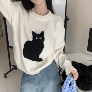 Y2K Black Kitty Sweater: Cute Grunge Aesthetic for Cozy Outfits