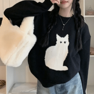 Y2K Black Kitty Sweater: Cute Grunge Aesthetic for Cozy Outfits