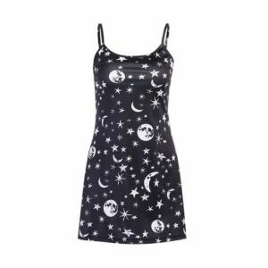 Y2K Black Moon Dress: Grunge Aesthetic Summer Outfit for Trendsetters