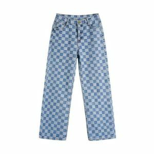 Y2K Blue Checkered Baggy Jeans for a Retro 90s Fashion Look