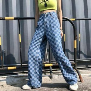 Y2K Blue Checkered Baggy Jeans for a Retro 90s Fashion Look