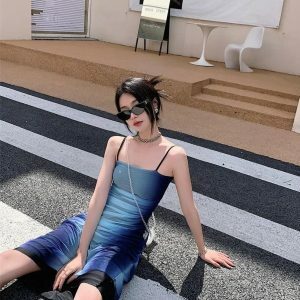 Y2K Blue Gradient Strappy Midi Dress for Summer Aesthetic Outfits