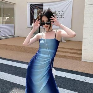 Y2K Blue Gradient Strappy Midi Dress for Summer Aesthetic Outfits